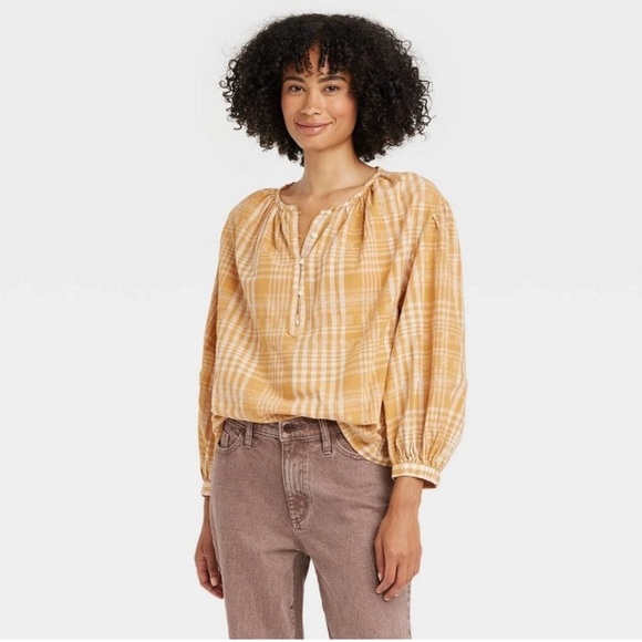 Universal Thread Tops - Universal Thread Women's Balloon Long Sleeve Popover Blouse Yellow Plaid Size XS